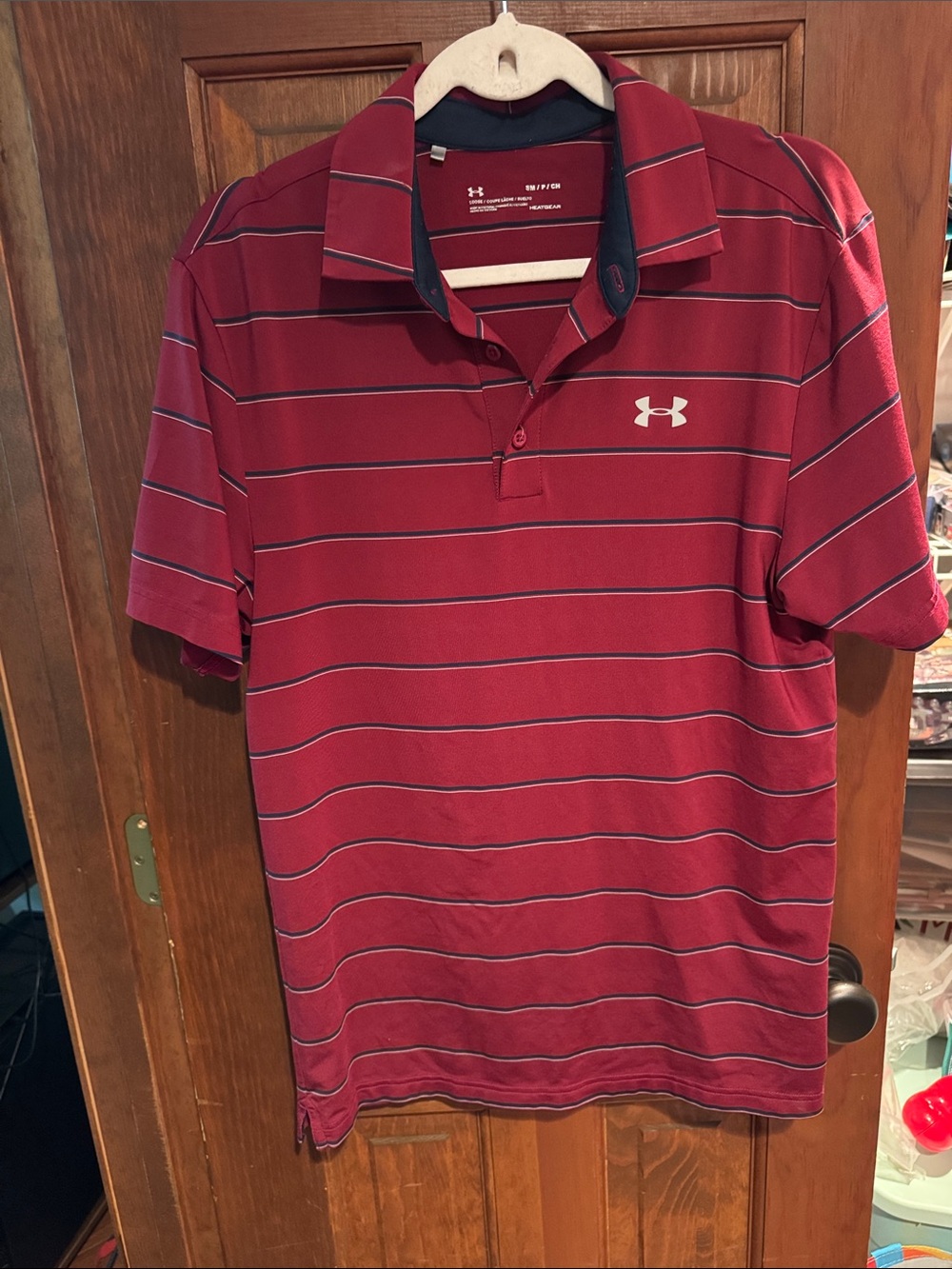 Under Armour Men's Burgundy Polo with Thin Navy & White Stripes
